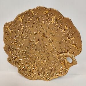 Vtg Weeping Bright 22K Gold leaf nut Hand Decorated Dish trinket Hollywood glam